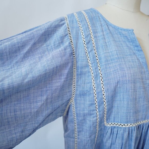 Zara Balloon Sleeves Tunic Top Split Neck Blue S Bohemian Prairiecore Casual - Picture 6 of 9